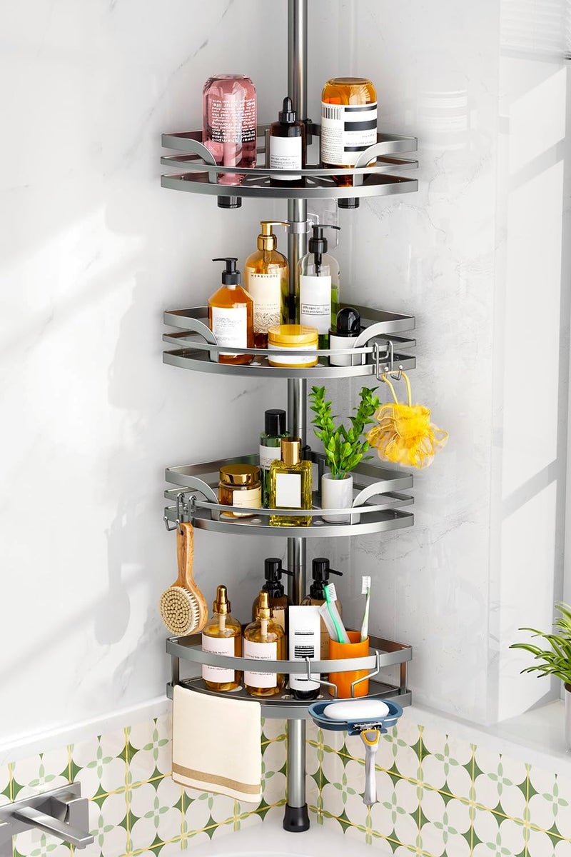 HAMITOR Shower Caddy Tension Pole：4-Tier Rustproof Bathroom Corner Shelf for Renters - 47-121inches Adjustable Bathtub Organizer with Soap Holder-large capacity rack for Shampoo Storage Home Accessory - Image 1
